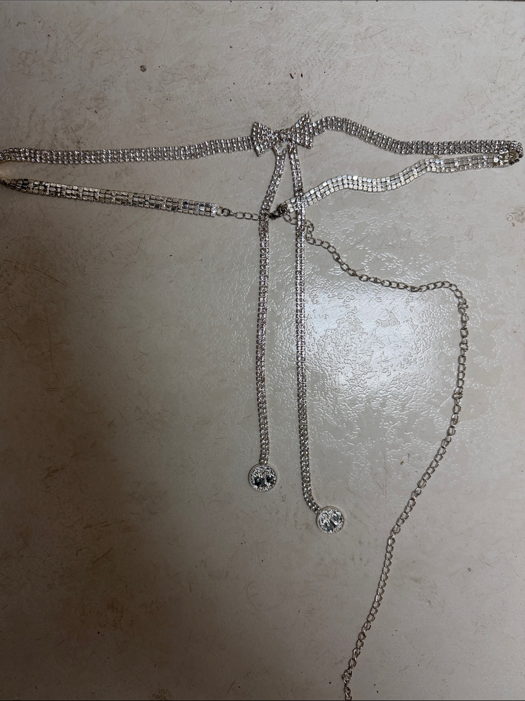 Source Unknown Silver Rhinestone Bow Belt With Droplet Charms